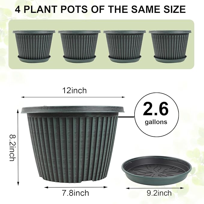 Large-Planter-Indoor-Outdoor Plant Pots, 12 inch 4 Pack Plastic Flower Pots with Saucer And Drainage Holes, Modern Garden Planters For Planting Medium Large Plants, Decorative Resin Garden Pots