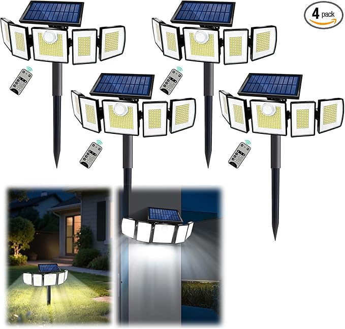Solar Lights Outdoor Waterproof Motion Sensor - 416 LEDs 3000 Lumens Super Bright 3 Brightness 3 Modes 2400mAh 360° Illumination 32ft Solar Flood Security Light for Outside (with Stakes, 4)