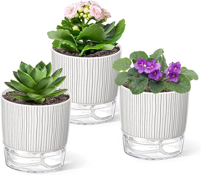 3 Pack Self Watering Pots Set, 4 Inch Self Watering Pots for Indoor Plants, Planter Pot with Wick Rope and Reservoir for African Violet, Spider Plant, Orchid