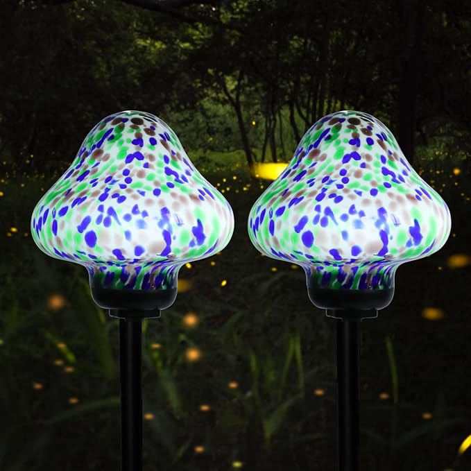 Solar Outdoor Lights Decorative Solar Glass Mushroom Lights Waterproof LED Waterproof Garden Stake Light for Walkway Pathway Lawn Patio Yard Decorations 2 Pack Multi