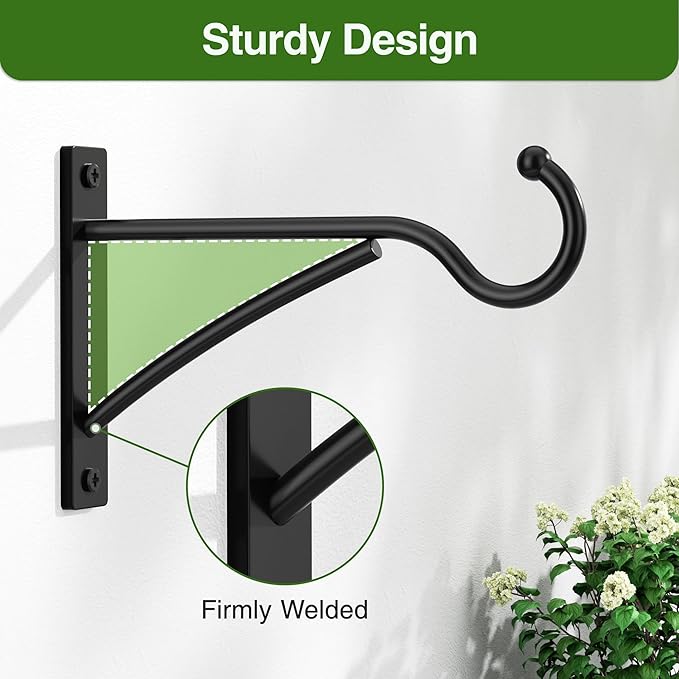 6 Inch 2 Pack Heavy Duty Plant Hangers Outdoor, Metal Plant Brackets for Hanging Baskets, Plant Wall Hooks for Bird Feeders, Wind Chimes & Lanterns, Premium Metal Hooks Matte Black, 30lbs Capacity