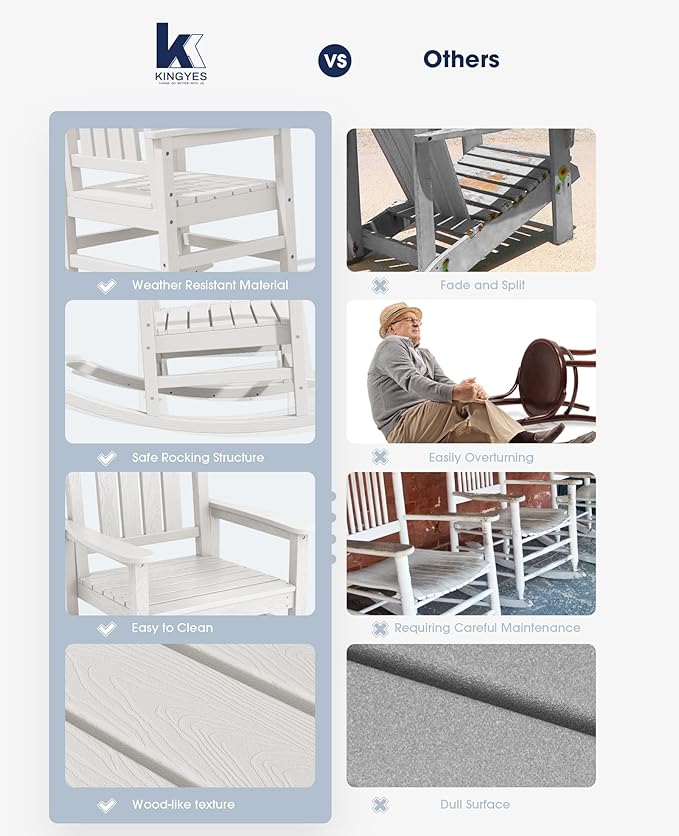 KINGYES Oversized Outdoor Rocking Chair Set of 4, High Density Polyethylene Patio Rocking Chairs with 330lbs Support for Adults, White