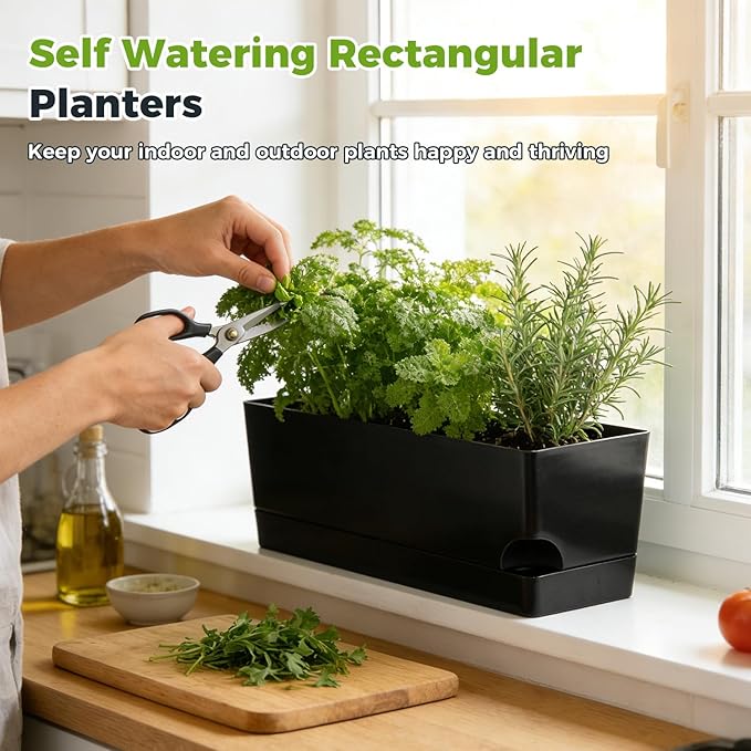 Self Watering Pots for Indoor Plants 17 Inches Window Boxes Planters Rectangular Flower Pots Rectangle Herb Pots Large Plant Pots with Drainage Holes and Saucers Windowsill Planter (2, Black)