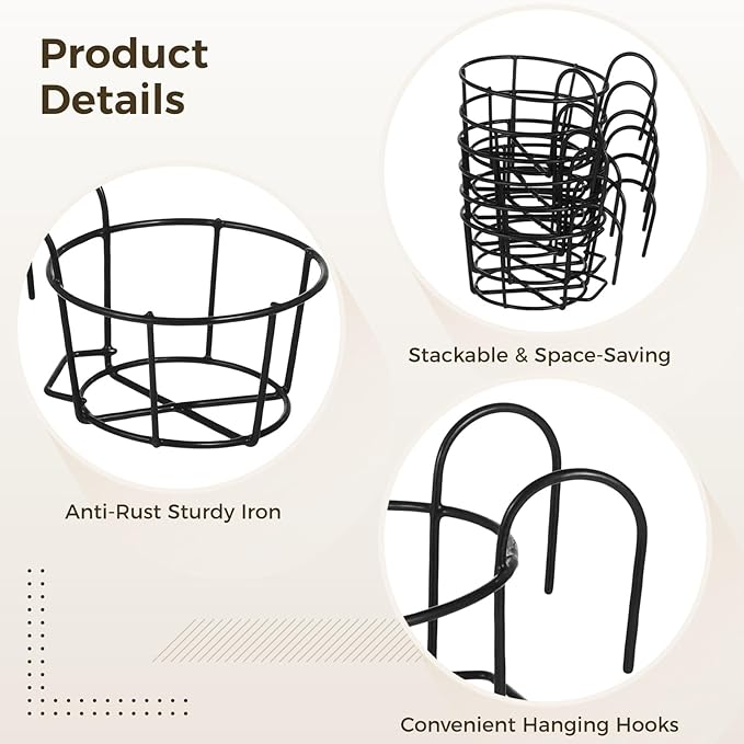 6 PCS Round Hanging Railing Planters, Hanging Flower Stand Iron Baskets, Hanging Planters for Outdoor Plants, Metal Rack Fence Shelf Plant Holder with Hooks for Balconies, Gardens, Indoor Spaces