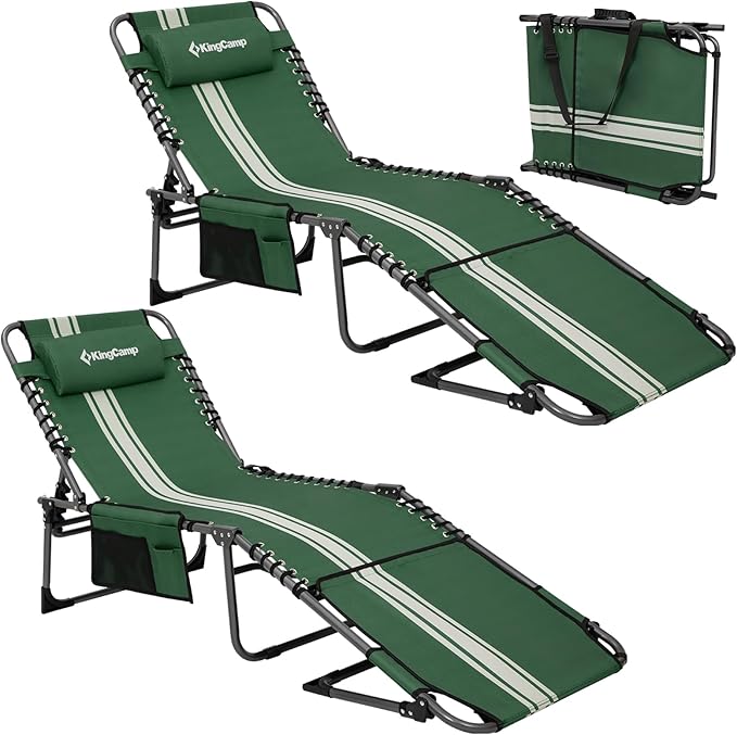 KingCamp 2 Pack Folding Lounge Chair Outdoor, Tanning Chair with Face Hole Comfy Adjustable 5-Position Foldable Chaise Chaser Lounger for Outside Beach Patio Sun Bathing Pool, Green/White