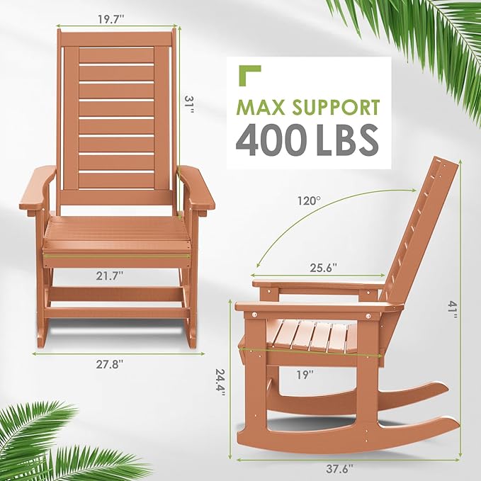GREENVINES Outdoor Rocking Chairs | Set of 2 | Porch Rocker | HDPE Plastic | Teak | Oversized Rockers | High Back | Big & Tall | Ladder Back | for Patio Outside Backyard Balcony Garden