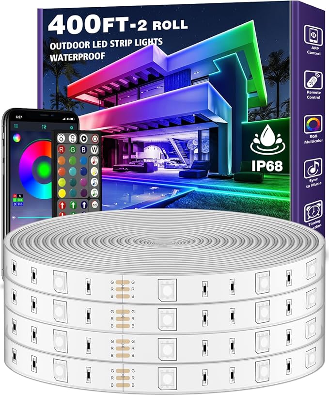 AILBTON 400FT Outdoor LED Strip Lights Waterproof,IP68 Outside Led Light Strips Waterproof with Bluetooth App Remote Control,Music Sync RGB Exterior Led Rope Lights,for Balcony,Deck,Roof,Garden,Pool