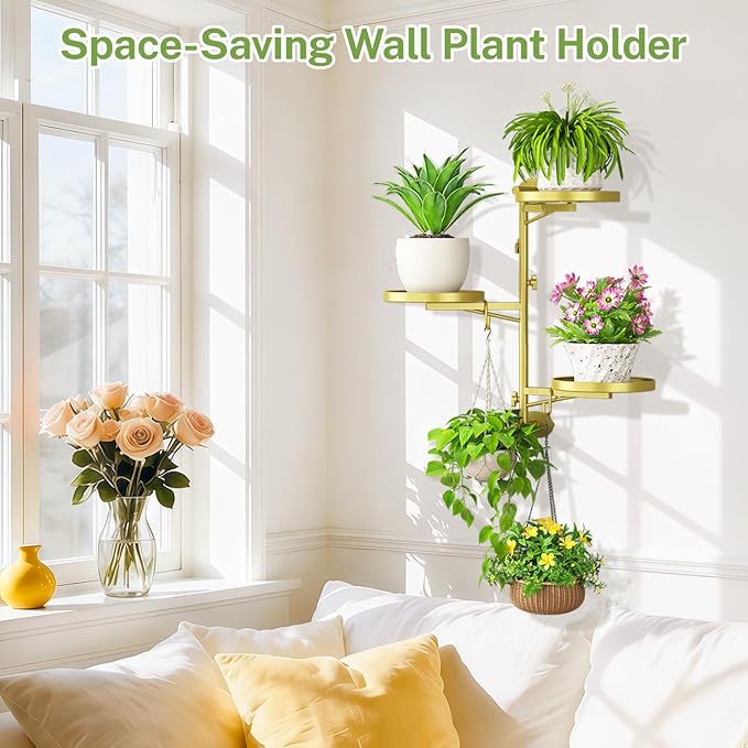 iDavosic.ly Rotating Window Plant Shelves, 3-Tier Metal Wall Stand with 2 Hooks, Flower Display Holder Rack for Living Room, Space Saving, Gold (Pots/Chains/Plants Not Included)