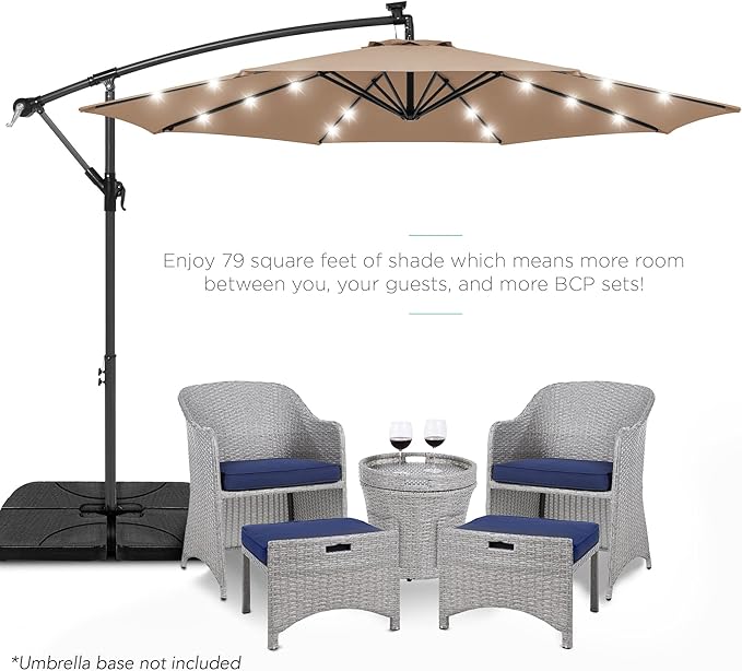 Best Choice Products 10ft Solar LED Offset Cantilever Hanging Market Patio Umbrella, 8 Sturdy Ribs, Easy Adjustment - Tan