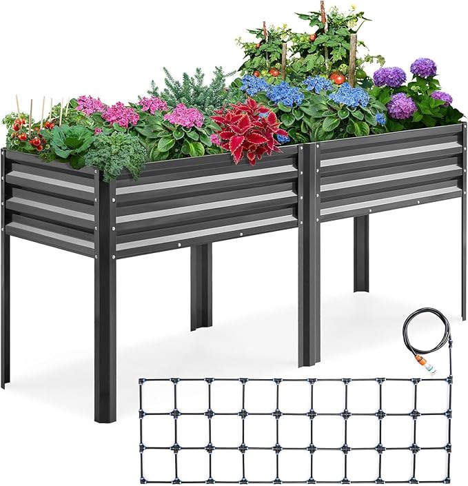 KING BIRD Raised Garden Bed with Irrigation System and Legs Galvanized Elevated Planter Box for Backyard, Patio, Balcony, 600lb Capacity, Dark Grey, 70.9x22.8x31.5 in
