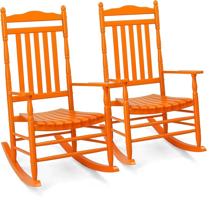 VINGLI Wooden Rocking Chair, Outdoor Chair with 450 lbs Support, Relaxing Rocker with Solid Wood High Back Seat Reclining Seat for Deck, Garden, Backyard, Porch, Indoor or Outdoor Use (Orange, 2PCS)