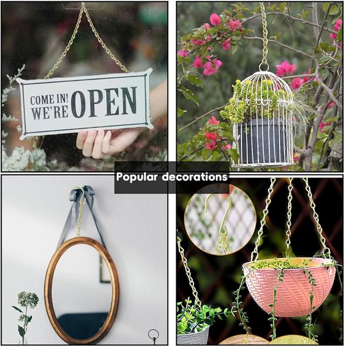 236 Inch Gold Hanging Baskets Chains - Adjustable Length, Brass Decorative Metal Chain with A Great Assortment of Hooks for Hanging Bird Feeders Planters Baskets Billboards Ornaments, Chain Hooks DIY