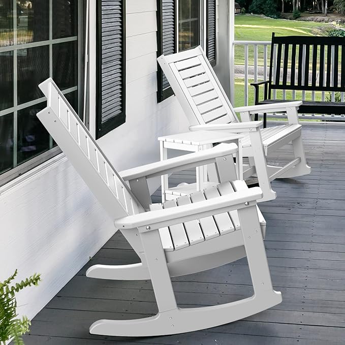 GREENVINES Outdoor Rocking Chair Set | 3-Piece | 2 Rocking Chairs with 1 Side Table | Porch Rocker | HDPE Plastic | White | Patio Furniture Sets | High Back | Big & Tall | Ladder Back