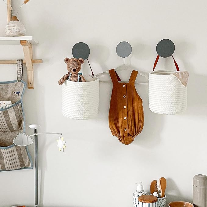 Goodpick 2pack Rope Hanging Basket - Small Round Hanging Baskets Storage for Key, Sunglasses, Wallet on Door - Modern Woven Baskets Wall Decor for Plant, White Cotton Basket 7.87 x 7 x 11.7 inches