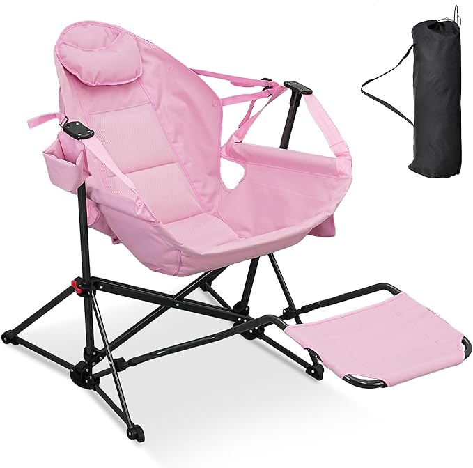 Ainfox Hammock Camping Chair with Footrest, Foldable Rocking Chairs for Adults Outside Swinging Camp with Cup Holder Pillow for Outdoor Patio Garden (Pink)