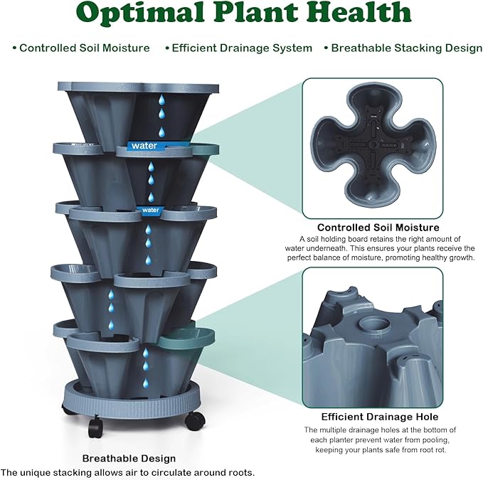 Strawberry Planters, 7 Tiered Vertical Stackable Planter, Herb Stacking Tower Garden, Flower and Vegetable Planters with Support Pole Indoor & Outdoor with Removable Wheels - Dark Grey