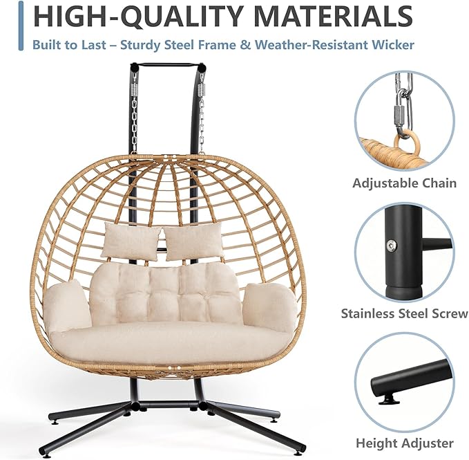 SWITTE Double Hanging Egg Chair with Stand, Outdoor Patio 2 Person Wicker Hammock Swing Chairs with Cushion Loveseat for Indoor Bedroom, Lawn, Garden-Beige