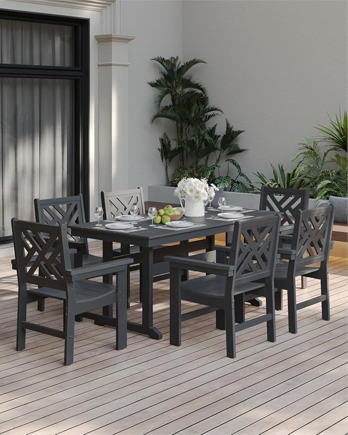 7-Piece Outdoor Dining Set, HDPE All-Weather Patio Table and Chairs Set for 6, Outdoor Patio Furniture Sets with Umbrella Hole for Outside, Deck, Backyard, Garden (Black)