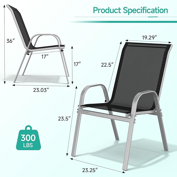 Patio Chairs Set of 2, Easily Set Up Stackable Outdoor Dining Chairs with High Back and Wide Seat, All Weather Breathable Outdoor Chairs Set of 2 with Metal Frame for Backyard Deck Pool, Black