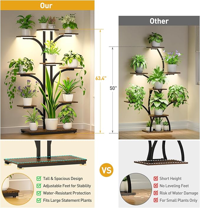 ikkle Plant Stand Indoor with Grow Lights, 64" Tall Plant Shelf, 9 Tiered Corner Plant Shelves for Indoor Plants Multiple, Large Flower Display Holder, Tree-Shaped Plant Rack for Home, Living Room, Patio Decor