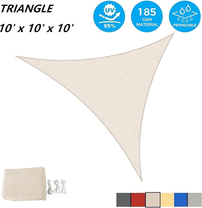 AsterOutdoor Sun Shade Sail Triangle 10' x 10' x 10' UV Block Canopy for Patio Backyard Lawn Garden Outdoor Activities, Cream