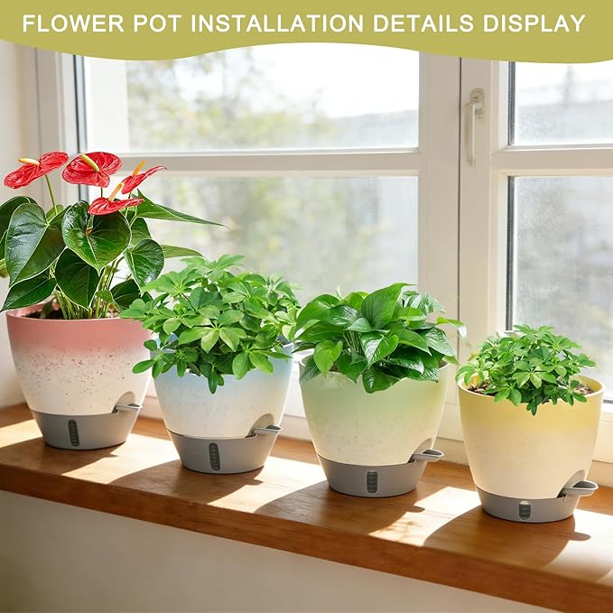 4-Piece Planter Set, 12/10/9/8-inch Self-Watering Pots with Drainage Holes, Deep Trays, Water Level Indicators, Suitable for Plants (12/10/9/8-inch, White Gradient Design)