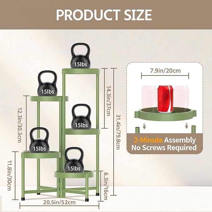 LASZOLA 5 Tiered Folding Plant Stand Indoor for Multiple Large Planter, Tall Heavy Duty Adjustable Rack with Rust Proof Plastic Shelving, Sturdy Vertical Tree Organizer for Narrow Inside Floor, Green