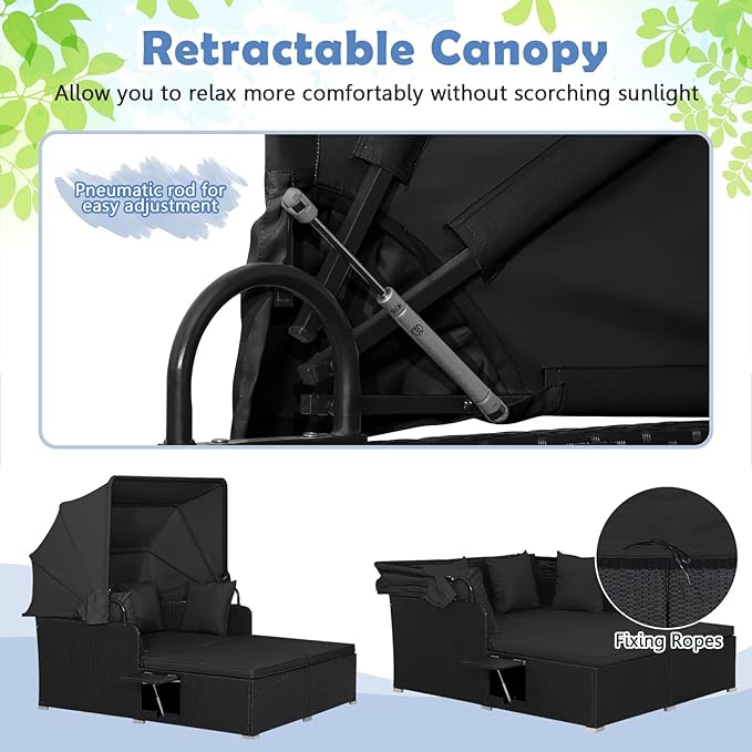 Tangkula Patio Rattan Daybed with Retractable Canopy, Outdoor Wicker Sunbed Lounger with 2 Foldable Side Tables, Thick Seat & Back Cushions, Outside Double Daybed for Garden, Backyard, Porch (Black)