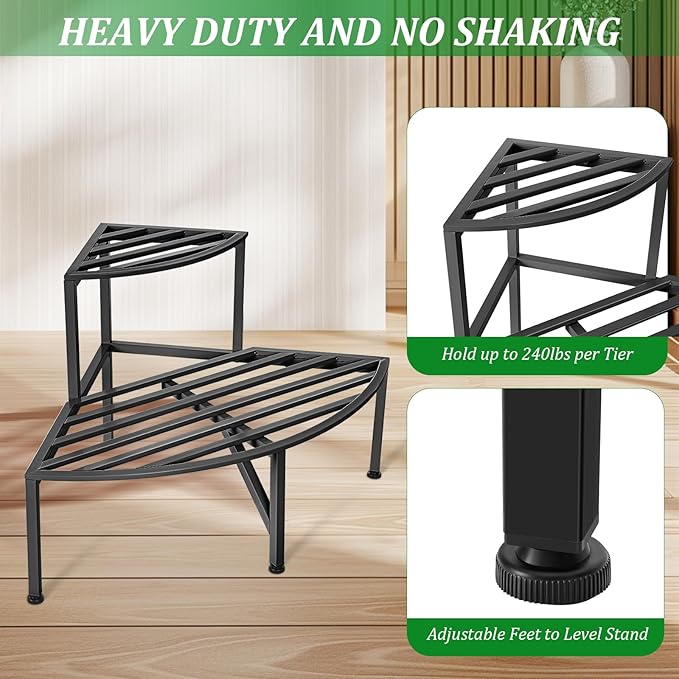 Corner Plant Stand Outdoor Metal,2 Tier Heavy Duty Ladder Plant Shelf Indoor for Multiple Plants,37.08" L x 22.83" W x 20.07" H,Black