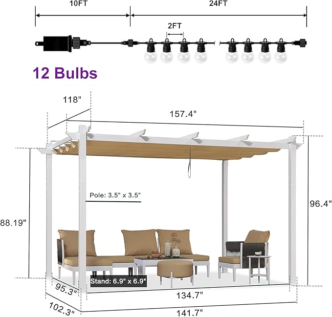 PURPLE LEAF 10' x 13' Outdoor Aluminum Pergola White Heavy-Duty Retractable Pergolas Patio Metal Pergola with Double Sun Shade Canopy and Light for Backyard Gardens Deck, Khaki