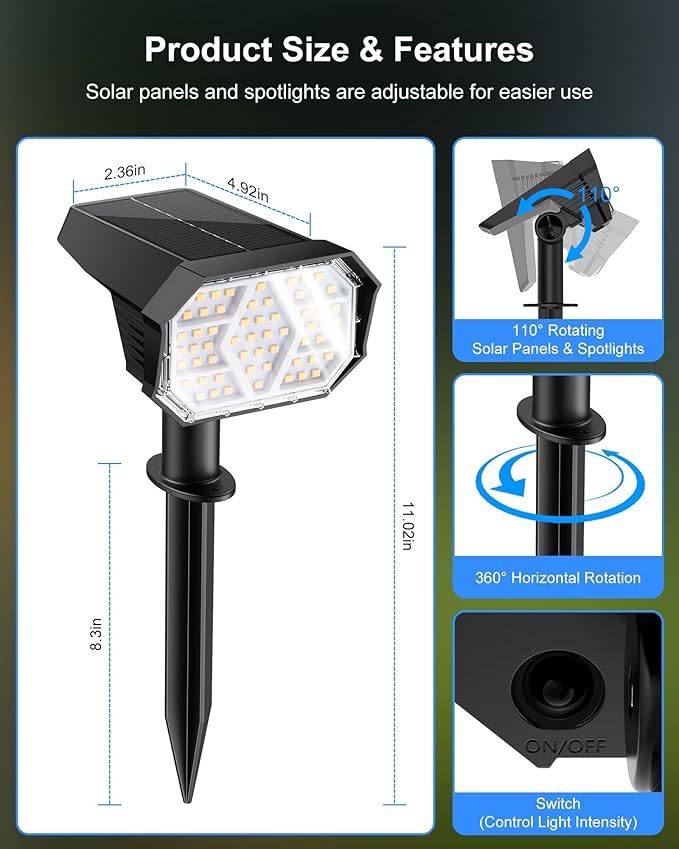 Brightown Solar Lights Outdoor with 58 LED & Auto ON/Off, IP67 Solar Spot Lights Outdoor with 3 Light Intensities. 2-in-1 Outdoor Solar Lights for Yard, Gardens, Flag and Pathways. 4Pcs (Warm White)