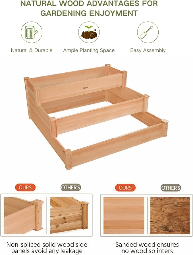 3-Tier Raised Garden Bed with Fabric Liner, Wood Elevated Planter Box with Dovetail Joint Design, 3 Dividable Bed Kit for Vegetables/Herbs/Flowers, Outdoor Gardening for Patio, Lawn, Balcony