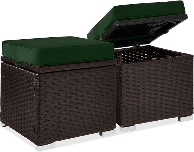 Best Choice Products Set of 2 Wicker Ottomans, Multipurpose Outdoor Furniture for Patio, Backyard, Additional Seating, Footrest, Side Table w/Storage, Removable Cushions - Midnight Green/Brown