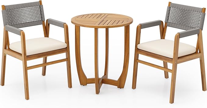 Christopher Knight Home Zed 3 Pieces Outdoor Dining Set, Acacia Wood Dining Chairs and Table, Slats Panel Design Round Table, Wooden Frame, 2 Seater Bistro Set for Balcony Backyard Garden, Teak+Grey