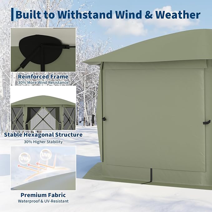13x13FT 6-Sided Pop Up Gazebo Tent，One-Push Setup Canopy Tent with Removable Canopy Top & Wind Cloths, Outdoor shelter for Camping, Backyard Parties, Outdoor Events - Army Green