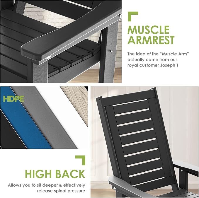 GREENVINES Outdoor Rocking Chair Set | 3-Piece | 2 Rocking Chairs with 1 Side Table | Porch Rocker | HDPE Plastic | Black | Patio Furniture Sets | High Back | Big & Tall | Ladder Back