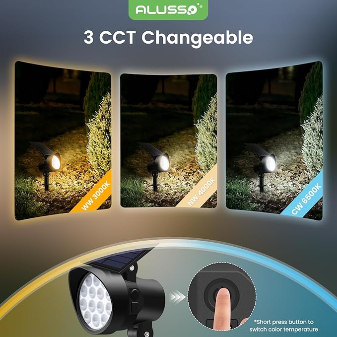 ALUSSO® Solar Landscape Spotlights 3CCT, Dimmable Solar Spot Lights Outdoor, 30° Beam Angle Solar Powered Lights Dusk to Dawn,IP65 Waterproof Flag Pole Solar Light for Yard Pathway Garage Patio,4 Pack