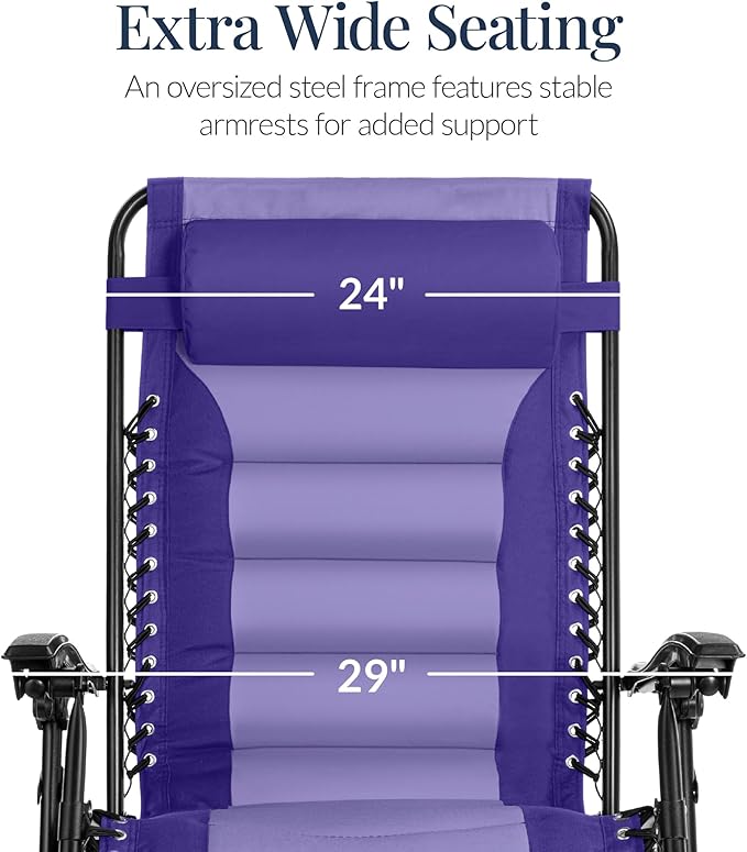 Best Choice Products Oversized Padded Zero Gravity Chair, Folding Outdoor Patio Recliner, XL Anti Gravity Lounger for Backyard w/Headrest, Cup Holder, Side Tray, Polyester Mesh - Purple/Violet