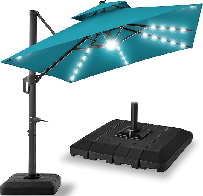 Best Choice Products 12x12ft LED Cantilever Patio Umbrella w/Base Included & 360° Rotation, Large Solar Offset Hanging Outdoor Sun Shade for Deck, Backyard Table w/Stand & Lights – Cerulean