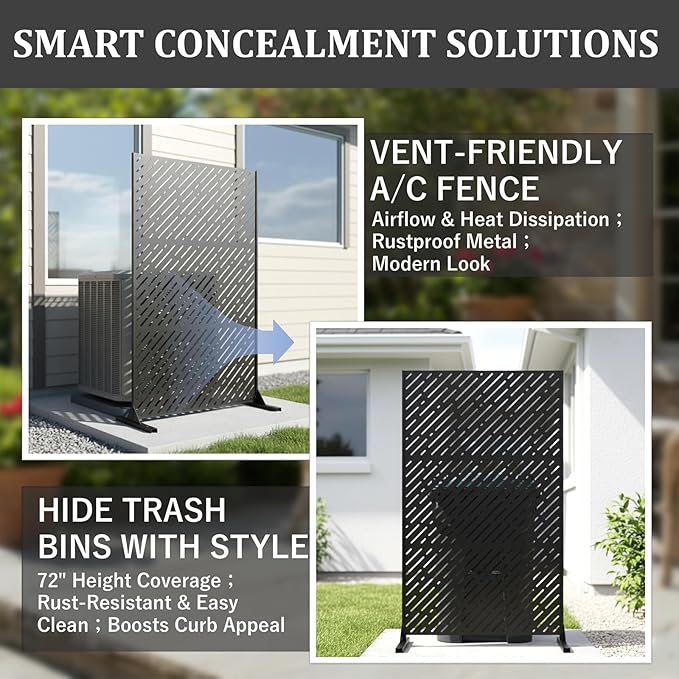 Metal Privacy Screen Outdoor 72x44in (6FT) – Rustproof Steel Decorative Fence Panel, Weatherproof Garden Divider for Patio, Backyard & Balcony, Metal Panels for AC Unit or Trash Bin Enclosure
