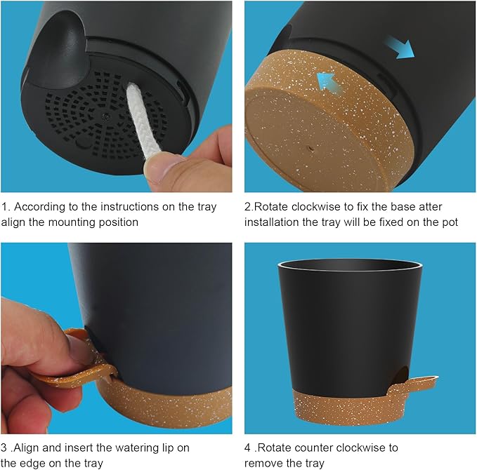 Self Watering Pots, 7/6.5/6/5.5/5/4 inch Flower Pots with Multi Mesh Drainage Holes, Small Platic Planters for Indoor Outdoor Garden Plants and Flowers (Black with Brown Tray, 7"+6.5"+6"+5.5"+5"+4")