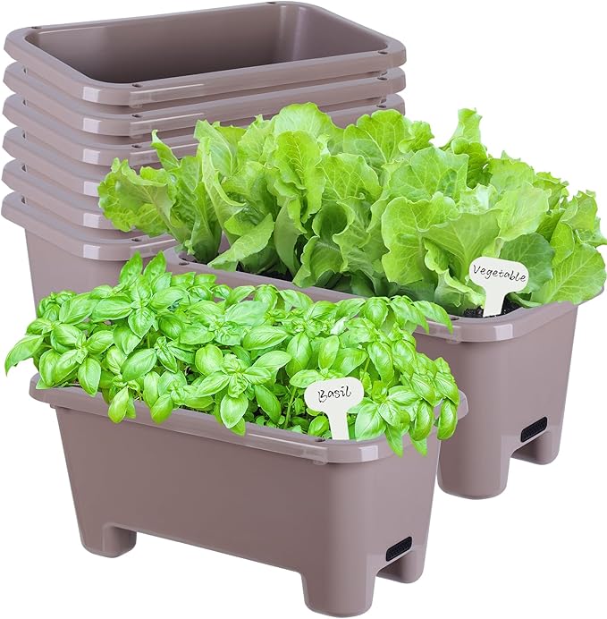 Self-Watering Rectangle Planter Boxes 8-Pack, 15.7-Inch Window Box Planter with Drainage Holes & Trays, Pots for Vegetables, Herbs, Flowers, Garden Windowsill Balcony (Coffee)