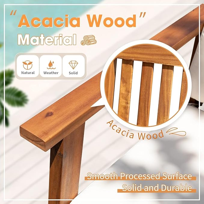 Devoko Patio Set 3 Piece Acacia Wood Outdoor Furniture Conversation Seat with Table & Cushions Porch Chairs for Balcony, Deck, Backyard