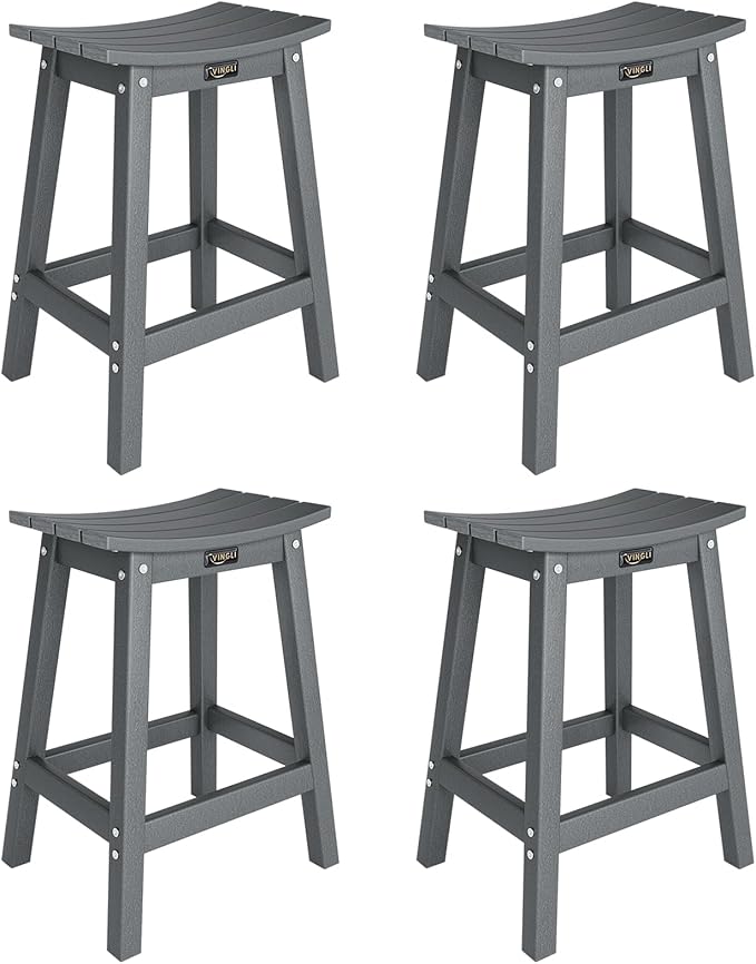 VINGLI 24 Inch Outdoor Bar Stools Set of 4, HDPE Weather Resistance Counter Height Bar Stools Durable Heavy Duty Patio Chairs for Bar Deck Balcony Kitchen Counter and Yard (Gray, 24 Inch 4 PC)