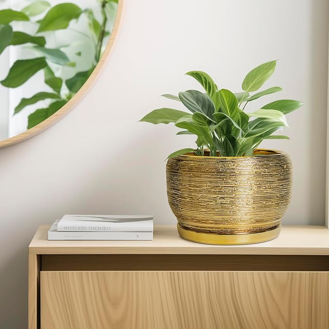 SQOWL Ceramic Planter for Indoor Plants - 10 Inch Plant Pot with Drainage Hole and Saucer, Modern Round Planter Outdoor, Large Decorative Flower Pot, Apartment Decor, Birthday Gifts, Gold