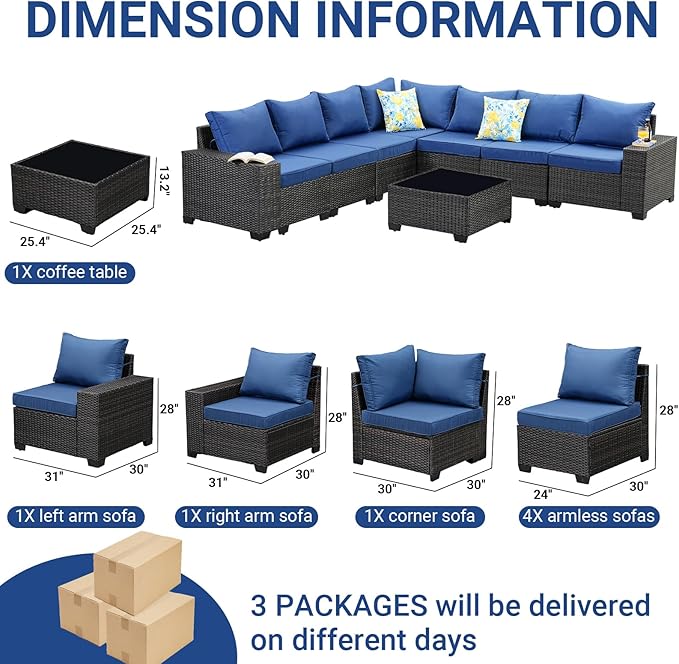 Jing's Villa 10-Piece Patio Furniture Set, All-Weather Outdoor Wicker Sectional Sofa with Cushions, Glass Table & Left and Right Armrest, Rattan Conversation Seating for Porch, Garden, Backyard,Navy