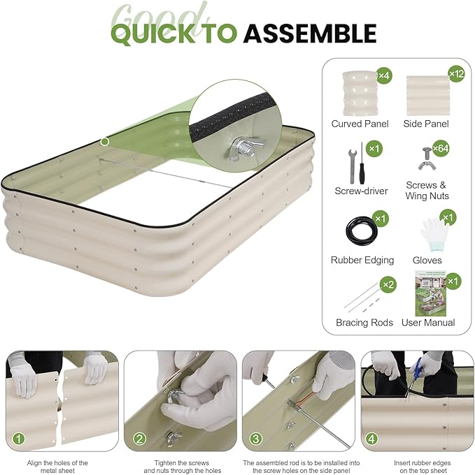 G GOOD GAIN 4-in-1 Adjustable Raised Garden Bed Kit | Galvanized Planter Boxes for Vegetables, Flowers | 12" Tall, Multiple Sizes (5x3x1ft, 4x4x1ft, 6x2x1ft, 7x1x1ft) | Outdoor Metal Raised Bed, White