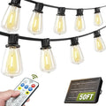 Solar String Lights Outdoor Waterproof Lights with Remote & Timer, LED Shatterproof ST38 Bulbs, USB & Solar Powered Patio Lights for Backyard, Porch, Garden, Wedding, Christmas Decor (50FT)