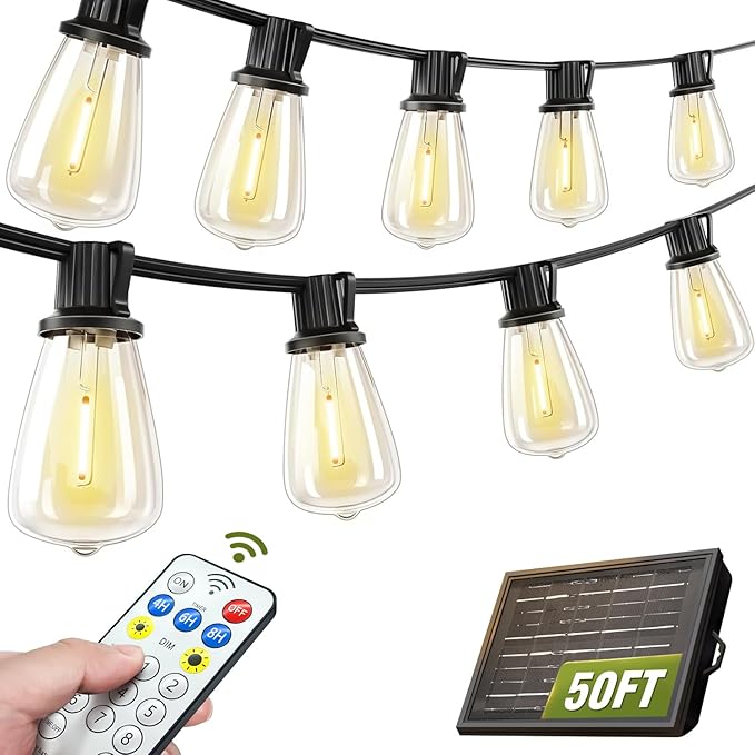 Solar String Lights Outdoor Waterproof Lights with Remote & Timer, LED Shatterproof ST38 Bulbs, USB & Solar Powered Patio Lights for Backyard, Porch, Garden, Wedding, Christmas Decor (50FT)