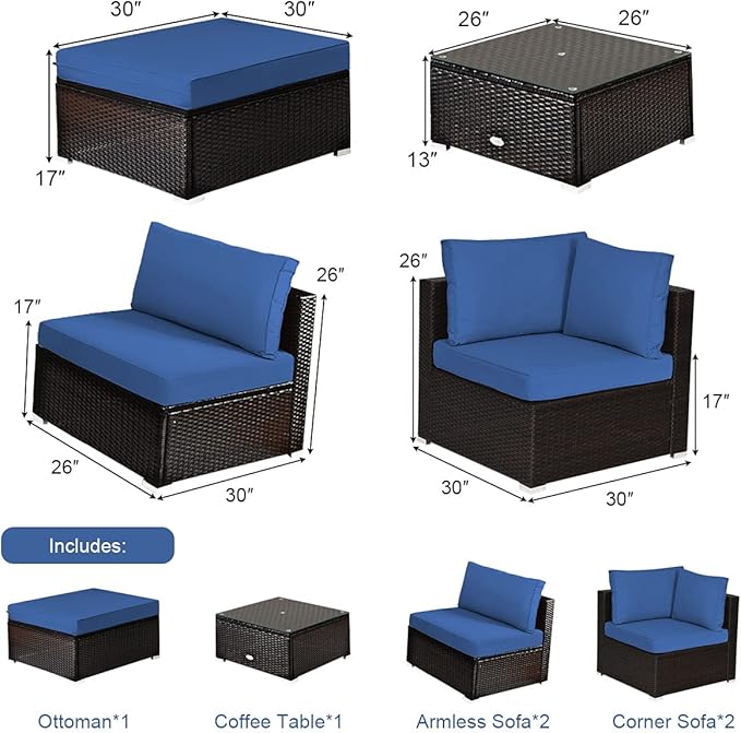 Tangkula 6 Piece Patio Furniture Set, Outdoor Deck Lawn Backyard Durable Steel Frame PE Rattan Wicker Sectional Sofa Set, Conversation Set with Coffee Table (Navy)